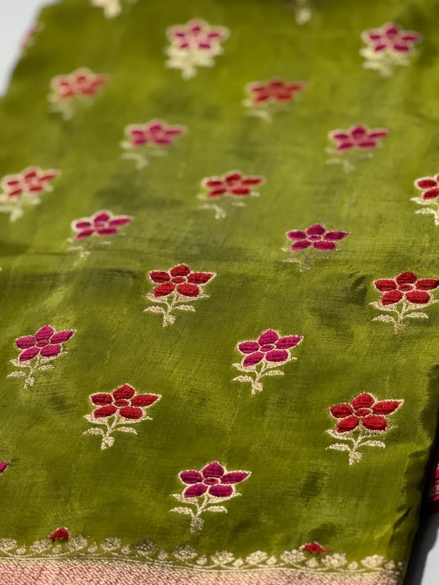 Olive Green Floral Embroidered Saree with Maroon Gold Zari Border