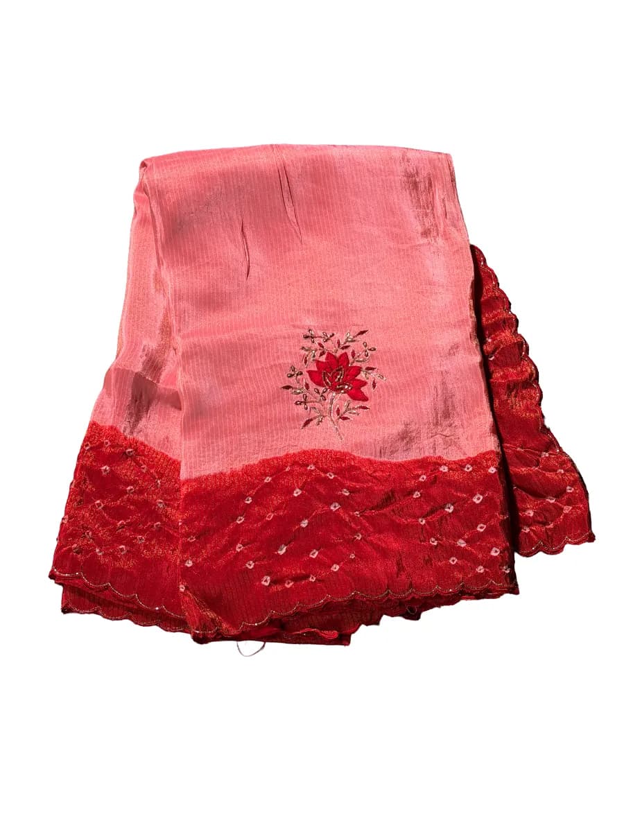 Rose Pink and Crimson Red Floral Embroidered Saree