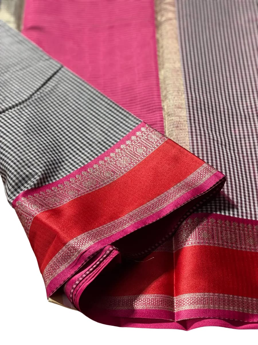 Black and White Checks Saree with Red Zari Border